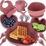 Set complet de hrănire copii, Ikonka, cu 9 piese din silicon, pentru diversificare hrana, pink Crab