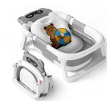 Cadita bebelusi ultrapliabila Little Mom grey, cu termometru incorporat, dop de scurgere termostatic, picioare antiderapante, Hamac cu design ergonomic inclus