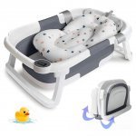 Cadita bebelusi ultrapliabila Little Mom grey, cu pernuta moale plutitoare, termometru cu display digital incorporat, dop pentru evacuarea apei, suport cap de dus, antiderapant, material non-toxic