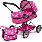 Cărucior pentru papusi Bayer Smarty Pink Stars pentru papusi de până la 46 cm,cu roți rezistente,pliabil,husa landou,gentuță asortata inclusă