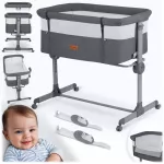Patut co-sleeper Nukido Gri cu laterala culisanta,roti cu frane,inaltime reglabila,materiale respirabile, curele de fixare la patul parintelui,pozitie antireflux,saltea inclusa