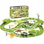 Pista circuit Dino park cu 8 dinozauri, mașinuță electrica off-road, 240 piese flexibile pentru pista