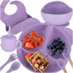 Set complet de hrănire copii pentru diversificare hrana, 8 piese din silicon cu fixare in ventuze, purple Teddy