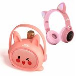 Set boxa portabilă pentru copii/adulti Smart TabbyBoo Poly Roz 8W, căști audio, microfon karaoke wireless portabil pentru petrecere, player MP3, microSD card, bluetooth, 4 efecte voce