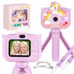 Aparat foto digital pentru copii model Purple Unicorn, cu mini-trepied inclus, claritate full HD, rezoluție 1080P, încărcare USB, sunet reglabil