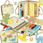 Carte senzoriala de manipulare pentru copii Dino, model tip servietă, cu alfabet, cifre, forme geometrice și dinozauri colorati, include 4 markere tip dry-erase