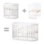 Patut oval pentru copii 90/140x70cm LD14 Alb din lemn masiv de fag, 0-4 ani, kit extensie 140x70cm inclus, saltea inclusa, inaltimea saltelei reglabila