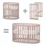 Patut oval pentru copii 90/140x70cm LD14 Bej din lemn masiv de fag, 0-4 ani, kit extensie 140x70cm inclus, saltea inclusa, inaltimea saltelei reglabila