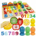 Jucărie educativa multifuncțională din lemn pentru copii Malplay, cu stivuitor de forme geometrice, joc de pescuit și xilofon