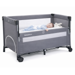 Patut pliabil voiaj pentru bebelusi si copii Nichiduta Grey, laterala culisanta, 2 nivele,portabil,etaj intermediar nou-nascut, salteluta, roti cu frana, buzunar lateral, dimensiune 125x65, geanta de transport