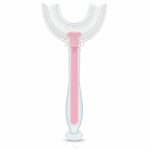 Periuta de dinți pentru bebeluși Bocioland Roz cu forma speciala, peri din silicon alimentar, mâner ergonomic cu ventuză