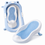 Set Cadita pliabila pentru bebelusi Little Mom blue, cu termometru digital, dop de scurgere, dimensiune 80 x 52 x 23 cm si Suport anatomic inclus