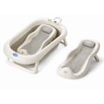 Set cadita pliabila XLarge pentru copii Little Mom Grey, echipata cu termometru display digital, design modern, margini rotunjite, capacitate 55L si suport anatomic inclus