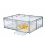 Tarc de joaca pentru copii Nichiduta Grey, 150 x 180 x 67cm, cadrul metalic, pereti din plasa, acces cu fermoar, covoras spuma cu doua fete, 4 inele ajutatoare, cu geanta de transport si 100 bilute multicolore incluse