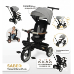 Tricicleta pentru copii Toyz Saber Grey, pliabilă, multifuncțională cu spătar reglabil și poziție de somn, copertină și mâner părinte cu înălțime reglabilă, până la 25 kg
