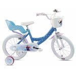 Bicicletă pentru copii Denver Disney Frozen 14 inch, frână de mână pe ambele roți, clopoțel, roți ajutatoare detasabile, suport pentru papusi, coșuleț transport pe ghidon
