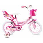 Bicicleta pentru copii Denver Minnie Cutest 14 inch, frana de mana pe ambele roti, clopotel, roti ajutatoare detasabile, suport pentru papusi, cosulet transport pe ghidon