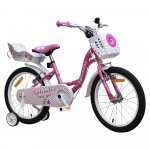 Bicicleta pentru copii Novokids SplendOr Boom Pro Edition Roz, cosulet pentru papusi, roti 18 inch, maxim 50 kg, cadru din otel, roti ajutatoare detasabile, ghidon reglabil pe inaltime