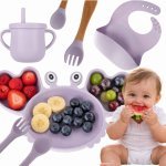 Set complet de hrănire copii Ikonka, cu 9 piese din silicon, pentru diversificare hrana, Purple Crab