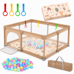 Tarc de joaca pentru copii, Nichiduta, dimensiune 180 x 200 cm, cadru metalic si pereti din plasa, acces cu fermoar, cu 4 inele ajutatoare, covoras din spuma cu doua fete si 100 de bile incluse, Beige