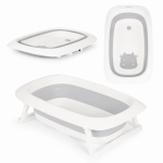 Cadita pliabila pentru copii Little Mom Happy Cow Grey, cu Dop de scurgere cu senzor de temperatura, picioruse si baza antialunecare, dimensiune 82 x 51 x 22 cm