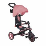 Tricicleta pentru copii Globber Explorer Roz Pal, 4 in 1 pliabila, maner pentru controlul directiei, scaun ajustabil pe inaltime, suport pentru picioare, roti din cauciuc Eva, sistem roata libera, de la 10 luni