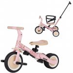 Tricicleta pentru copii Petite&Mars Turbo Rosy Wilderness, editie limitata, 5 in 1, multifunctionala, cu maner de ghidaj, roti din cauciuc, greutate admisa 25 kg, 1.5-5 ani