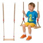 Leagăn de grădină din lemn pentru copii, Kruzzel cu frânghie reglabilă între 100 și 170 cm, construcție solida și confortabilă, sarcina maximă 50 kg
