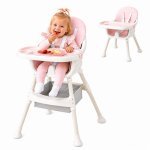 Scaun de masa Little Mom Modern Pink 3in1 cu cos pentru accesorii, tava dubla ajustabila, husa detasabila, inaltime reglabila