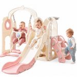 Spatiu de joaca pentru copii 3in1 Nichiduta Garden Pink, cu platforma, tobogan, leagan cu bara de protectie detasabila, jucarie muzicala, cos de baschet, dimensiune 170 x 145 x 110 cm