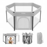 Tarc de joacă pliabil pentru copii Tulano Cozy 30 Grey, utilizare interior/exterior, ușă cu fermoar,pereți din plasă respirabilă, geantă transport