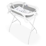 Cadita de baie pliabila Qmini Foldy Pro Alb/Gri, cu suport metalic si pernuta de baie, termometru electronic, dop si furtun pentru scurgere, antiderapanta, 80x49 cm