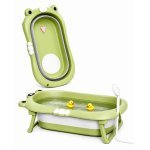 Cadita pliabila pentru bebelusi Little Mom Frog green, cu termometru digital, dop de scurgere, suport pentru fixarea capului de dus, dimensiune 80 x 52 x 38 x 23 cm