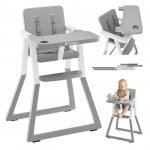 Scaun de masă copii Tulano Morsel 25 Grey/White pliabil ultra compact 9cm, tavita reglabilă, centuri de siguranța, greutate admisa 15 kg