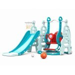 Spatiu de joaca pentru copii Nichiduta Garden Tower Blue interior/exterior 3in1 cu tobogan, leagan cu bara de protectie detasabila, jucarie muzicala, cos de baschet si mingie inclusa