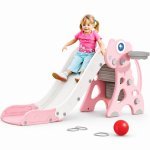 Tobogan pentru copii Nichiduta Garden Dinosaur Pink, cu mini-cos de Baschet si joc de precizie cu inele, prevazut cu scara, manere de sustinere, design pliabil, dimensiune 150 x 67.5 cm