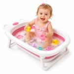 Cadita Little Mom Bear Pink pliabila cu margini rotunjite, dop evacuare apa, picioare antiderapante, suprafata antialunecare, dimensiune 81,7 x 47 x 21,6 cm