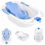 Cadita bebelusi Little Mom Blue Heart cu reductor ergonomic detasabil, fixare prin ventuze, manere antiderapante, suport pentru sapun, dimensiune 88 x 50 x 23 cm