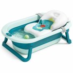 Cadita bebeluși pliabilă Little Mom Dino Blue, include o pernă de siguranța detașabilă, termometru cu display digital,protecție anti-alunecare, 87x51x23 cm
