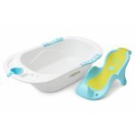 Cadita pentru copii Little Mom Sunny Blue echipata cu manere antiderapante, Dop de scurgere, dimensiune 88 x 51 x 22 cm, si Reductor detasabil ergonomic cu fixare in ventuze inclus