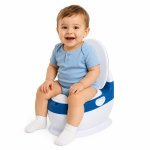 Oliță pentru copii Little Mom Blue Toilet, model educativ și muzical, cu design realist, colac moale din spumă PU, capac rabatabil și vas colector detașabil, dimensiune 40 x 28 x 30 cm