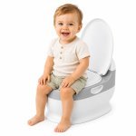 Oliță pentru copii Little Mom Grey Toilet, model educativ și muzical, cu design realist, colac moale din spumă PU, capac rabatabil și vas colector detașabil, dimensiune 40 x 28 x 30 cm