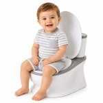 Oliță tip minitoaleta pentru copii Little Mom Grey cu sunete, colac din PVC, vas colector detașabil, capac rabatabil cu funcție de spătar și suport pentru șervețele, dimensiuni 27x22x32 cm