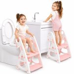 Reductor WC copii Little Mom StepUp Baby Pink, reglabil pe înălțime, cu mânere ergonomice, colac moale detașabil din spumă PU, design anti-stropire, compatibilitate universală