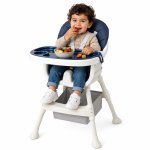 Scaun de masa Little Mom Modern Navy 3in1 cu cos pentru accesorii, tava dubla ajustabila, husa detasabila, inaltime reglabila