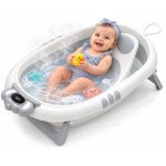 Set Cadita pliabilă pentru copii Little Mom Crown Grey, termometru încorporat cu display digital, sistem de agatare și suport anatomic pliabil